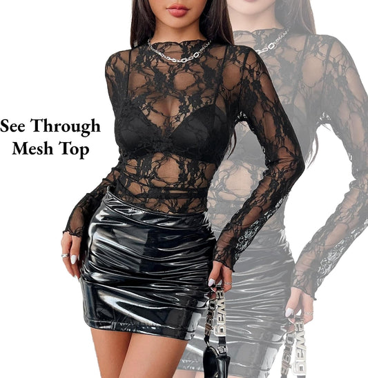 Women's See Through Mesh Top. Mock Neck Long Sleeve Shirt Floral Lace Blouse for Going Out
