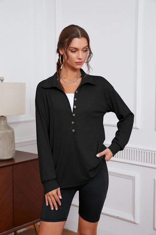 Women's Long Sleeve Henley T Shirts Button Down Loose Fit Tops V Neck Ribbed Knit Shirts
