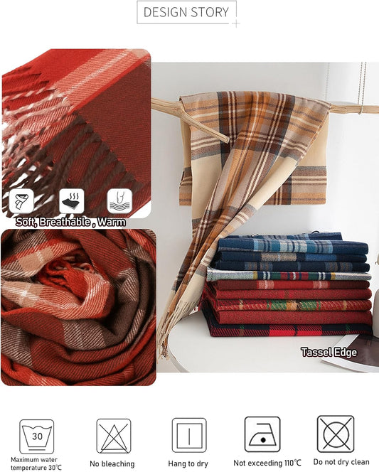 Long Plaid Scarf for Women Men Cold Weather Tartan Tassels Shawls