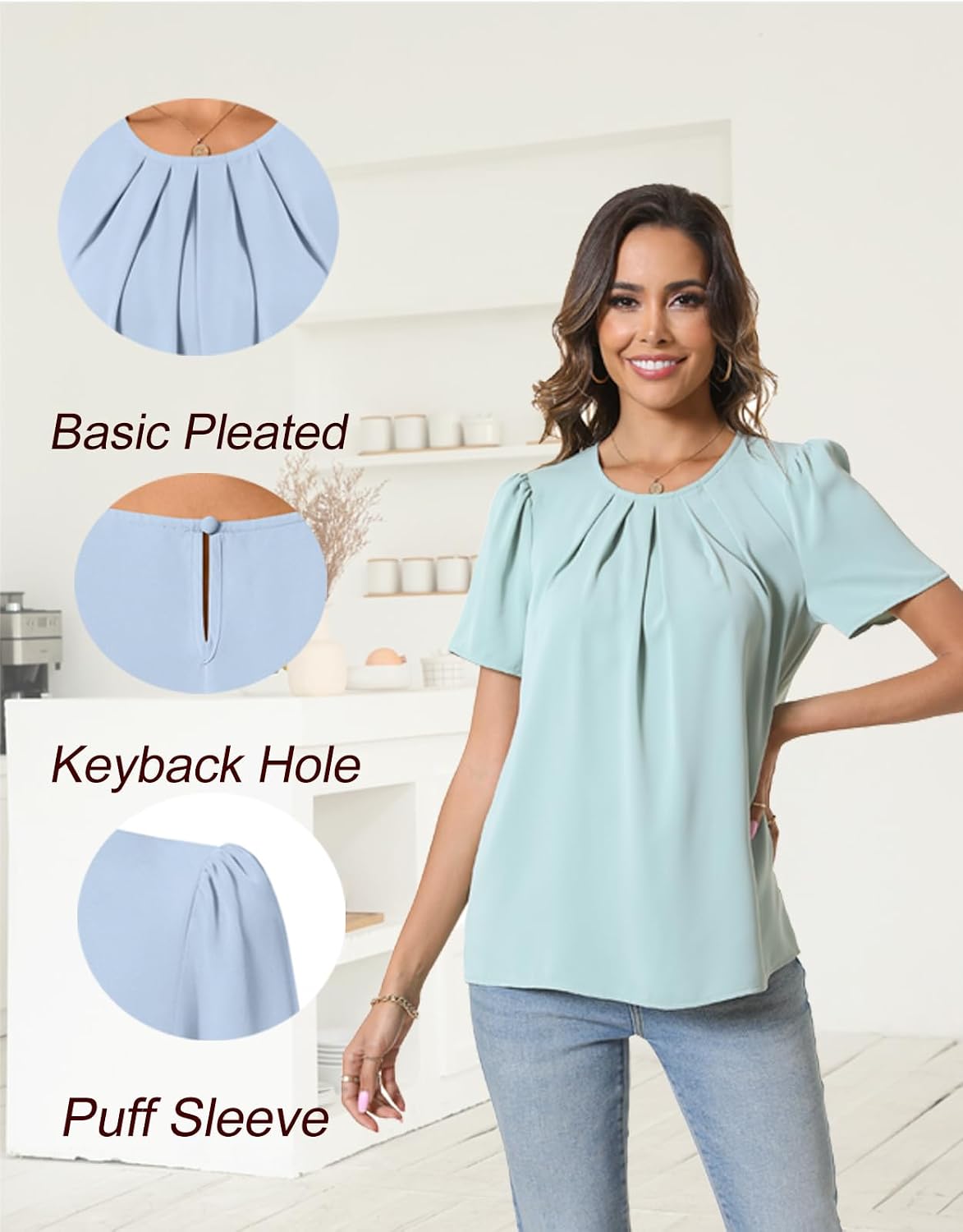 Womens Summer Basic Chiffon Blouse Pleated Crewneck Shirts Casual Trendy Tops