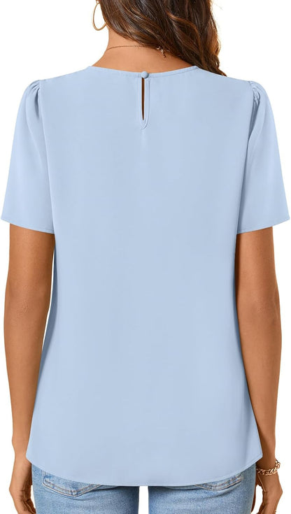 Womens Summer Basic Chiffon Blouse Pleated Crewneck Shirts Casual Trendy Tops