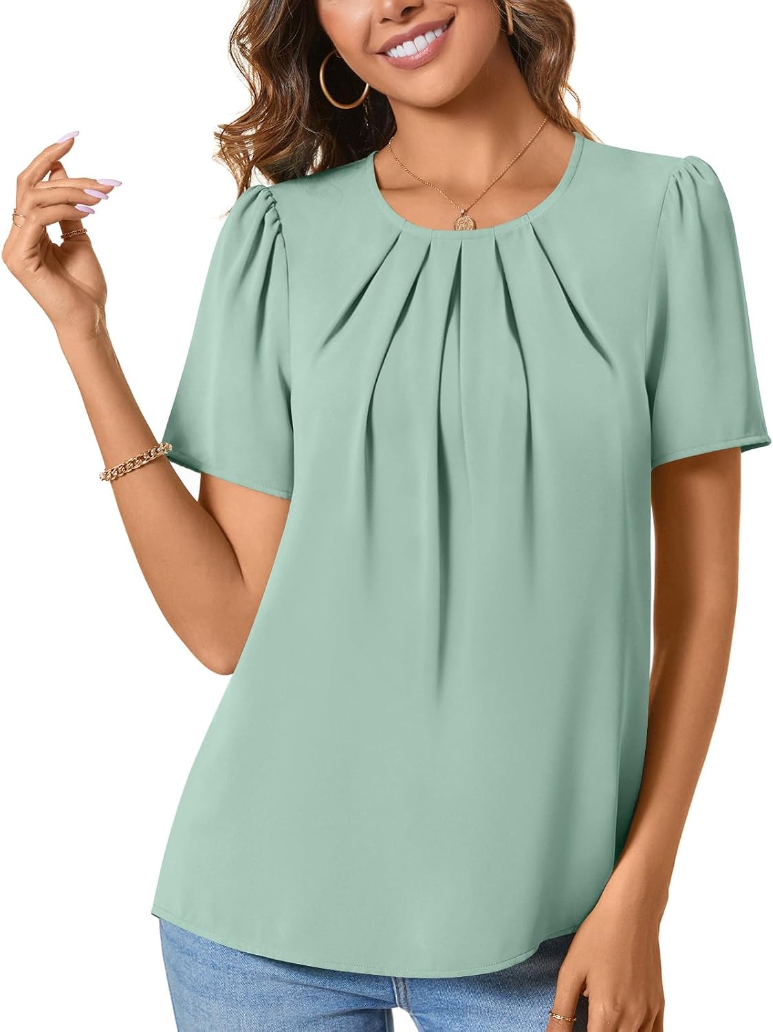 Womens Summer Basic Chiffon Blouse Pleated Crewneck Shirts Casual Trendy Tops