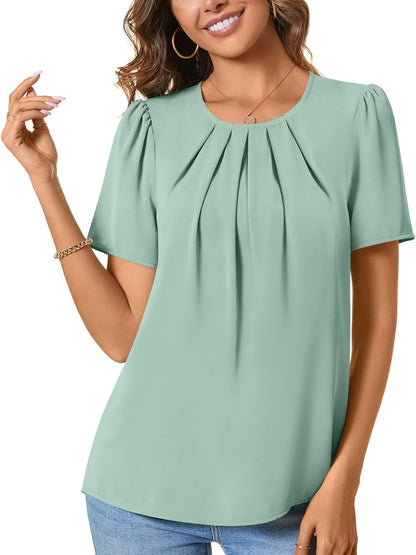 Womens Summer Basic Chiffon Blouse Pleated Crewneck Shirts Casual Trendy Tops