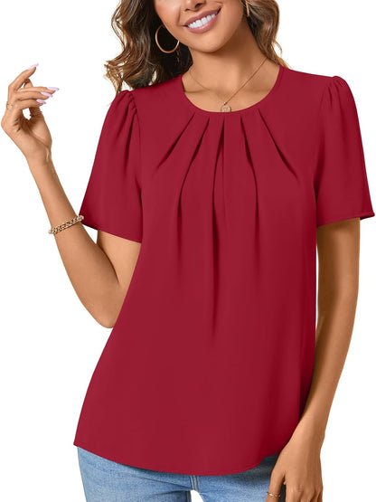 Womens Summer Basic Chiffon Blouse Pleated Crewneck Shirts Casual Trendy Tops