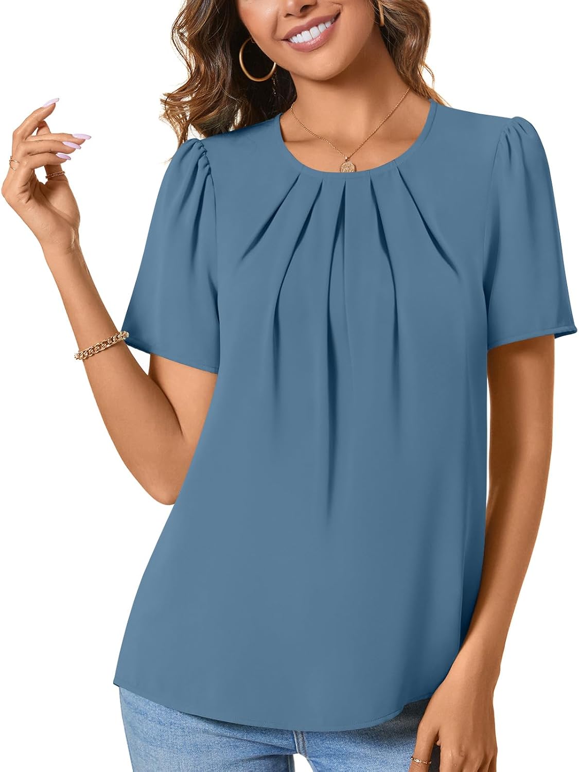 Womens Summer Basic Chiffon Blouse Pleated Crewneck Shirts Casual Trendy Tops