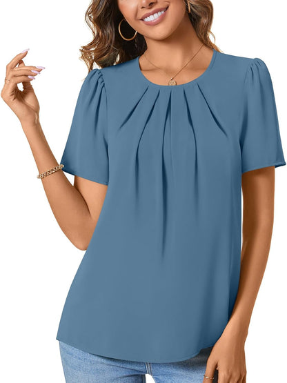 Womens Summer Basic Chiffon Blouse Pleated Crewneck Shirts Casual Trendy Tops