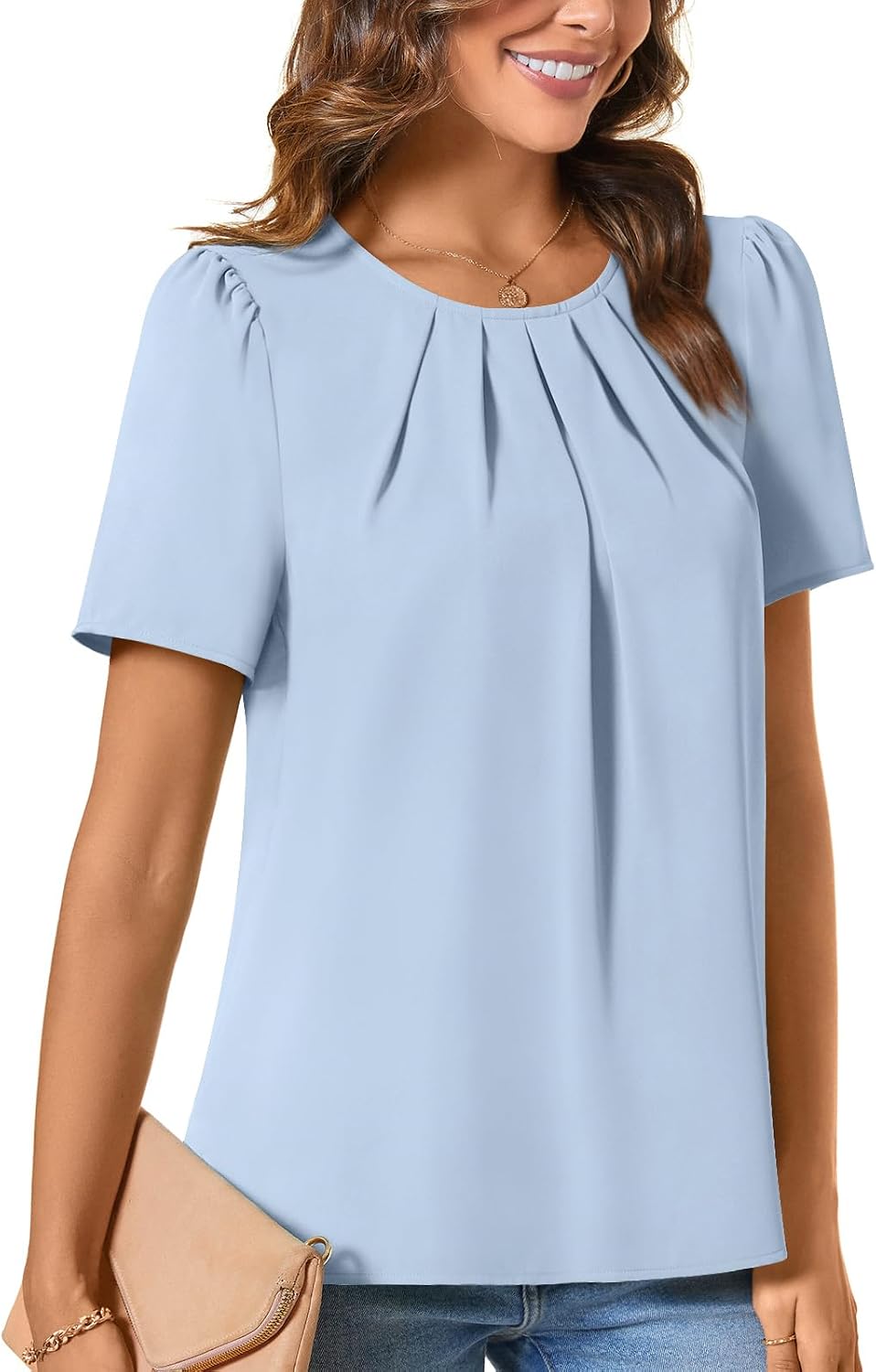 Womens Summer Basic Chiffon Blouse Pleated Crewneck Shirts Casual Trendy Tops
