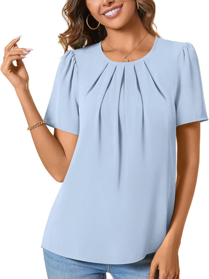 Womens Summer Basic Chiffon Blouse Pleated Crewneck Shirts Casual Trendy Tops