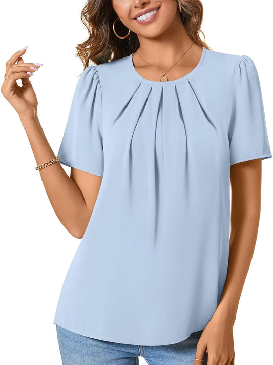 Womens Summer Basic Chiffon Blouse Pleated Crewneck Shirts Casual Trendy Tops