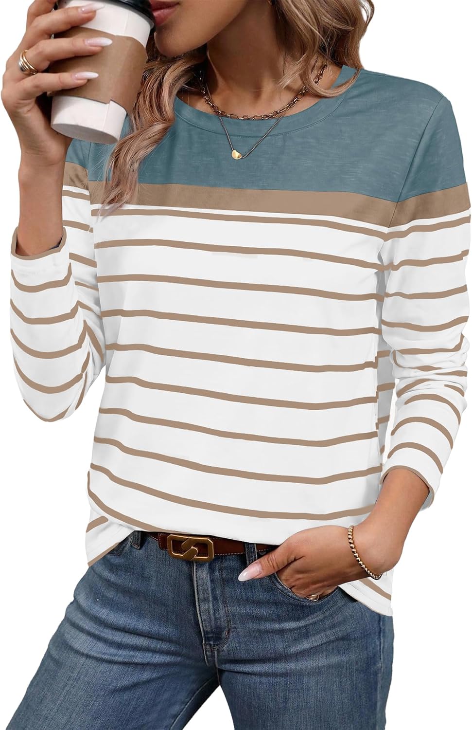 Women Long Sleeve Stripe Tops Fall Fashion Outfits