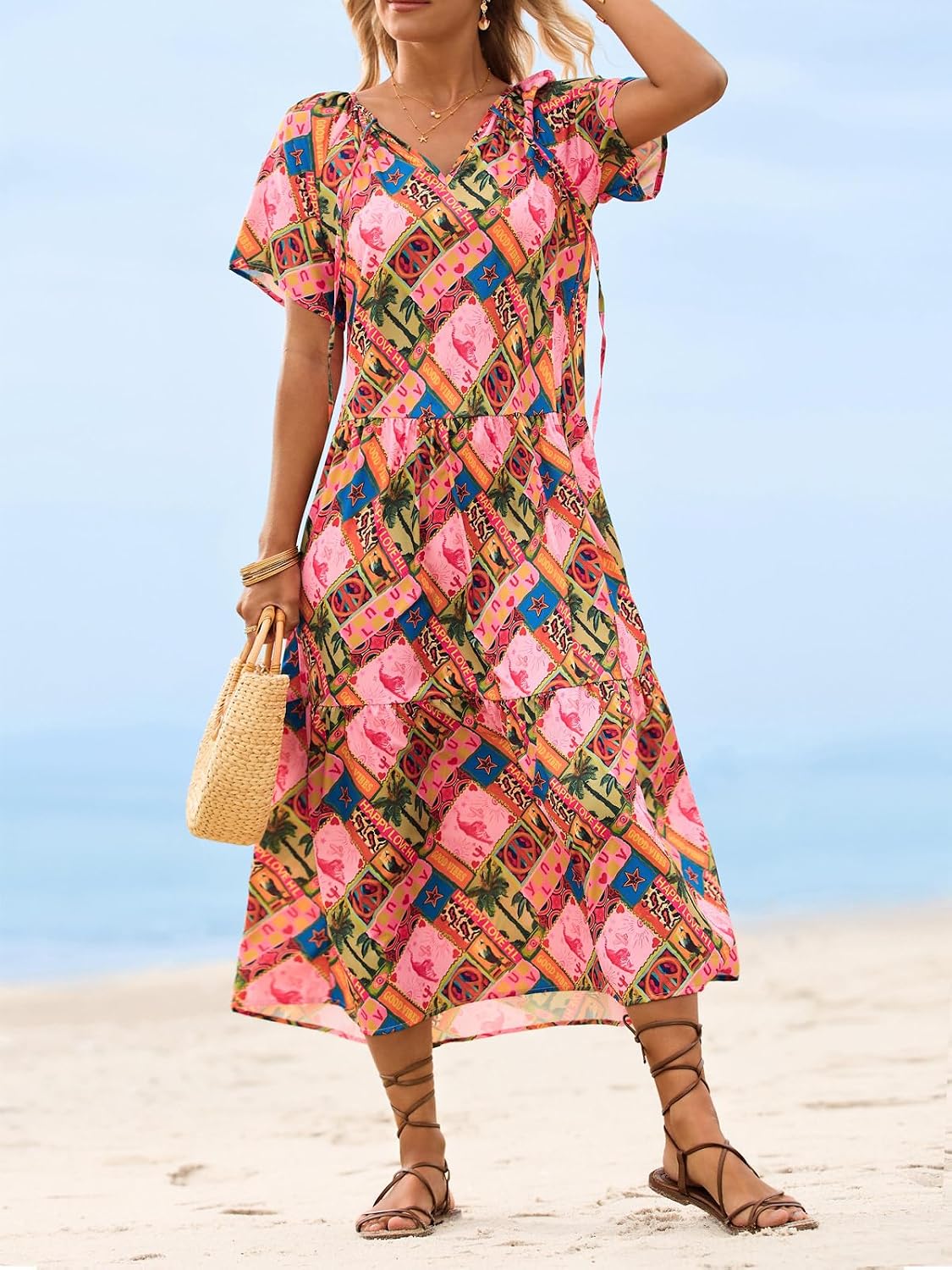 Summer Maxi Dresses Short Sleeve Boho Beach Shirt Dresses Loose Vacation Outfits Sundresses