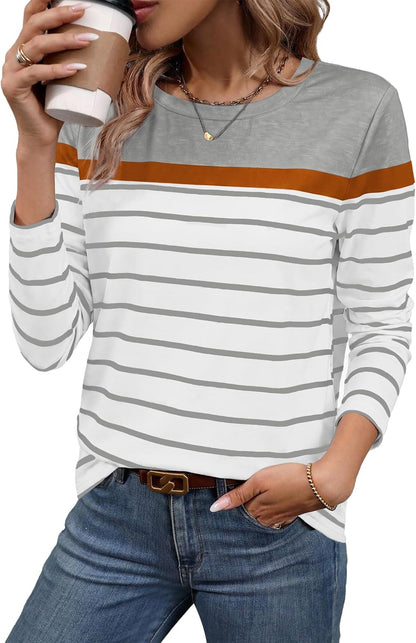 Women Long Sleeve Stripe Tops Fall Fashion Outfits