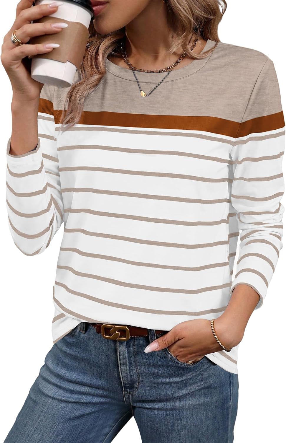 Women Long Sleeve Stripe Tops Fall Fashion Outfits