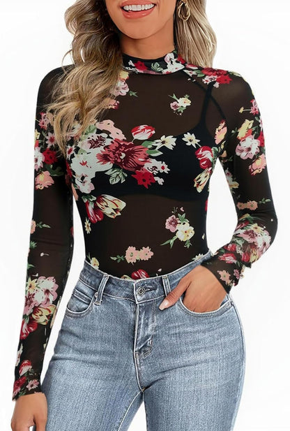 Womens Floral Mesh Long Sleeve Top See Through Slim Fit Blouses