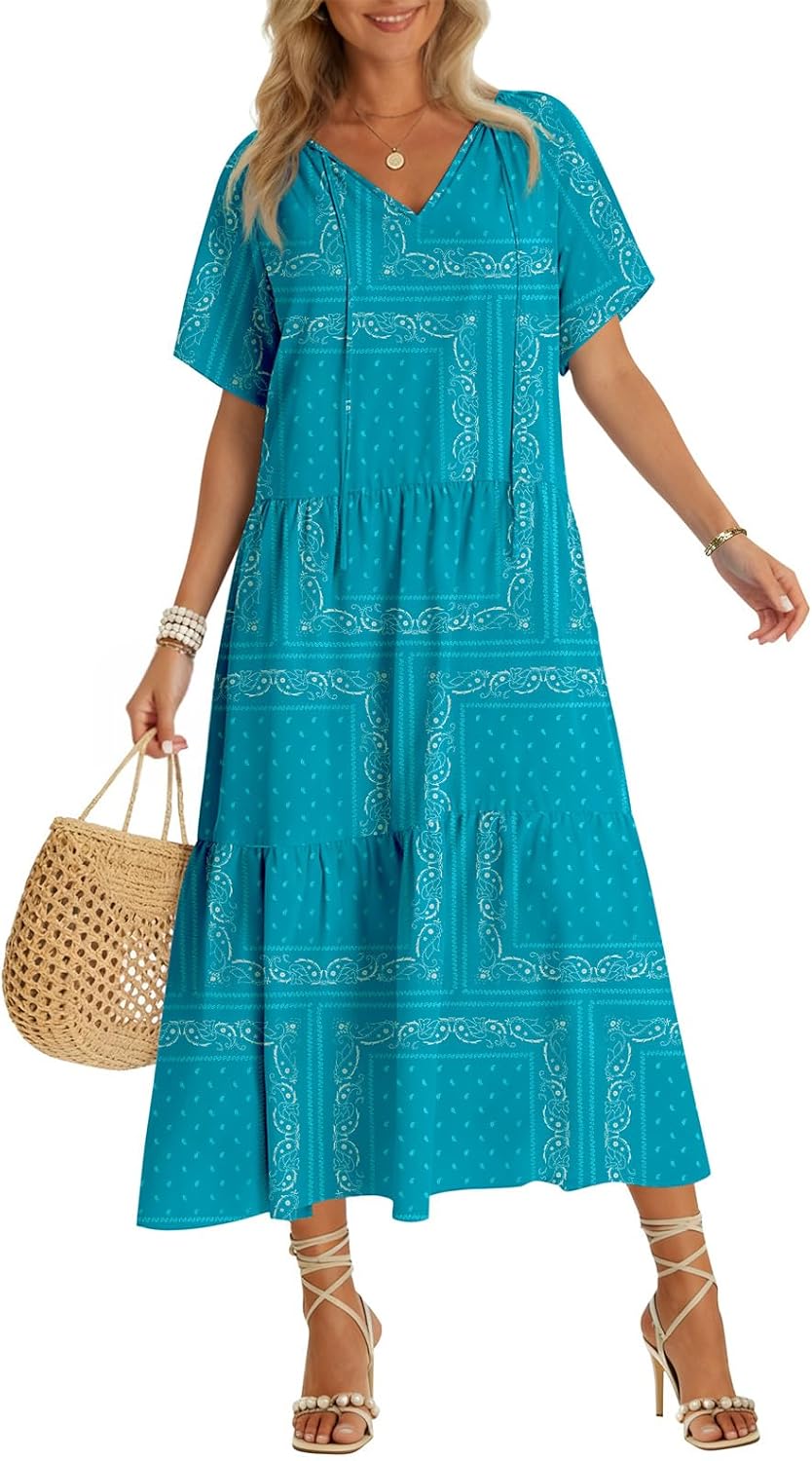 Summer Maxi Dresses Short Sleeve Boho Beach Shirt Dresses Loose Vacation Outfits Sundresses