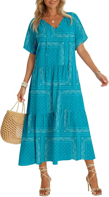 Summer Maxi Dresses Short Sleeve Boho Beach Shirt Dresses Loose Vacation Outfits Sundresses