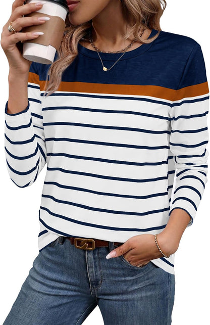 Women Long Sleeve Stripe Tops Fall Fashion Outfits