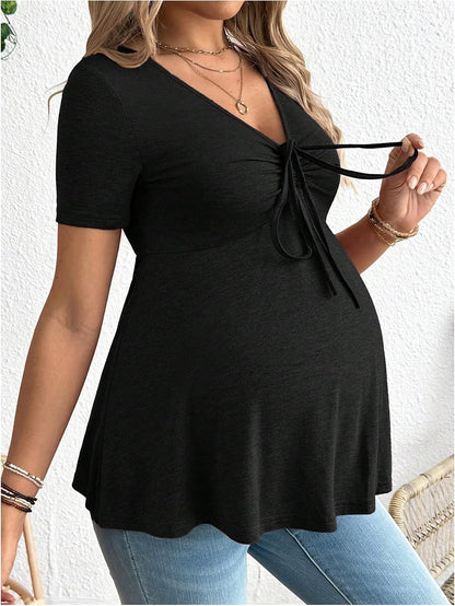 Women's Maternity Clothes Short Sleeve Ruched Front Tie Ruffle Maternity Shirt