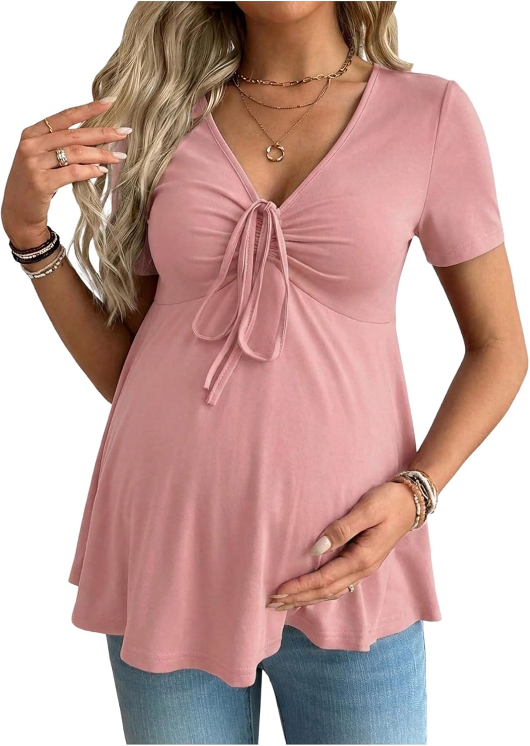 Women's Maternity Clothes Short Sleeve Ruched Front Tie Ruffle Maternity Shirt