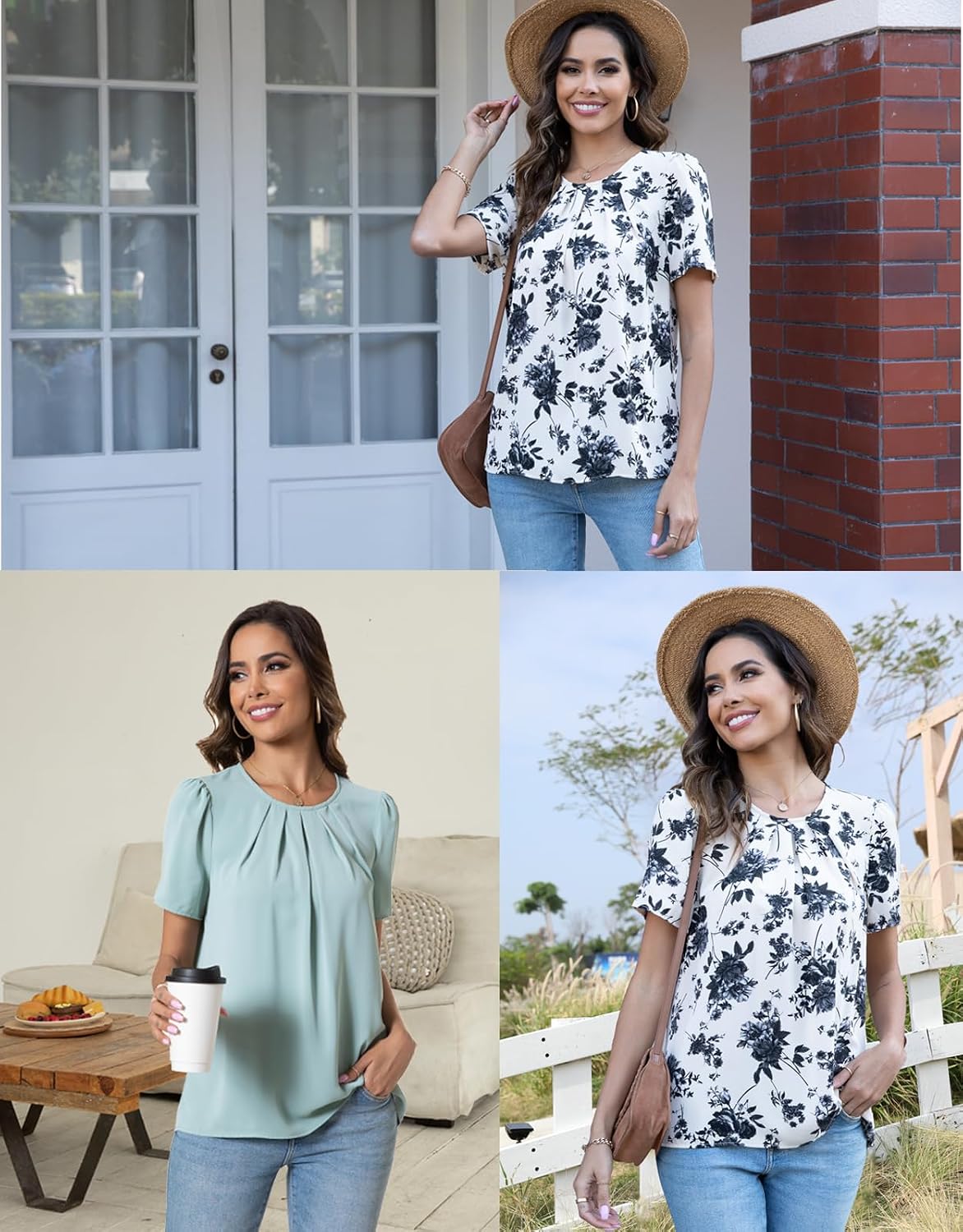 Womens Summer Basic Chiffon Blouse Pleated Crewneck Shirts Casual Trendy Tops