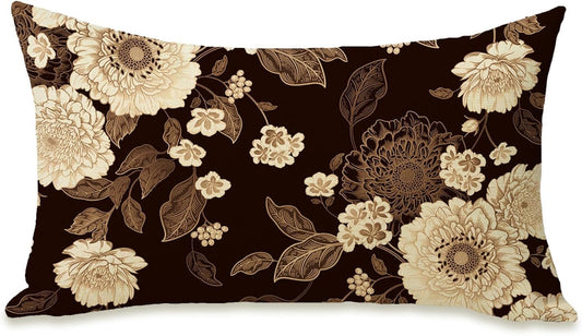 Retro Brown White Peony Flower Living Room Bedroom Pillowcase