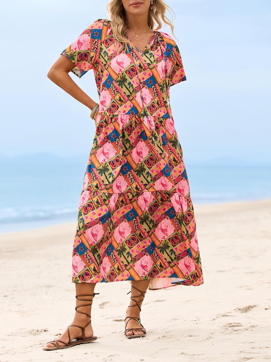 Summer Maxi Dresses Short Sleeve Boho Beach Shirt Dresses Loose Vacation Outfits Sundresses