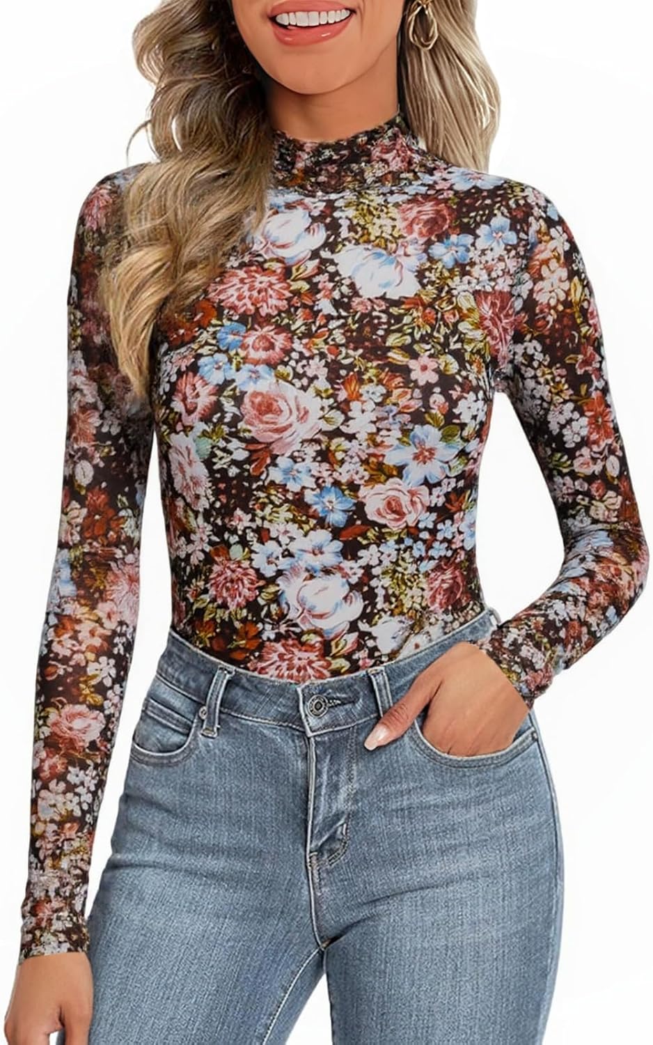 Womens Floral Mesh Long Sleeve Top See Through Slim Fit Blouses