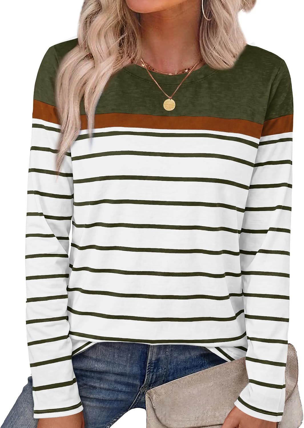 Women Long Sleeve Stripe Tops Fall Fashion Outfits