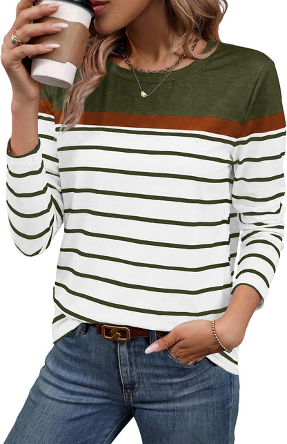Women Long Sleeve Stripe Tops Fall Fashion Outfits