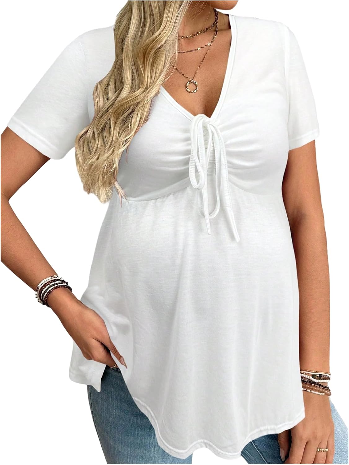 Women's Maternity Clothes Short Sleeve Ruched Front Tie Ruffle Maternity Shirt