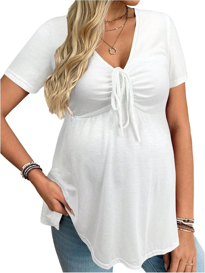 Women's Maternity Clothes Short Sleeve Ruched Front Tie Ruffle Maternity Shirt