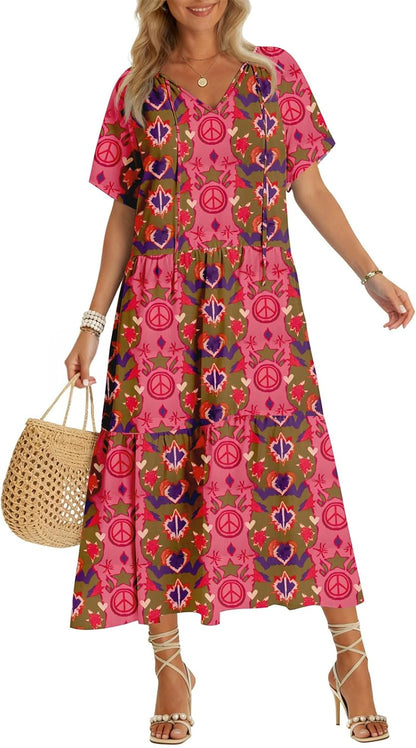 Summer Maxi Dresses Short Sleeve Boho Beach Shirt Dresses Loose Vacation Outfits Sundresses
