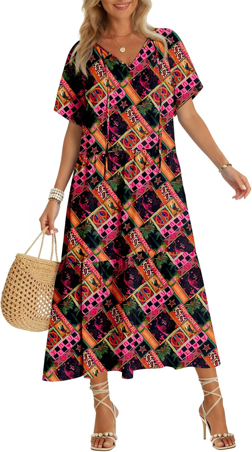 Summer Maxi Dresses Short Sleeve Boho Beach Shirt Dresses Loose Vacation Outfits Sundresses