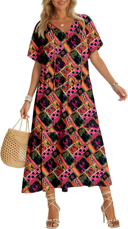 Summer Maxi Dresses Short Sleeve Boho Beach Shirt Dresses Loose Vacation Outfits Sundresses