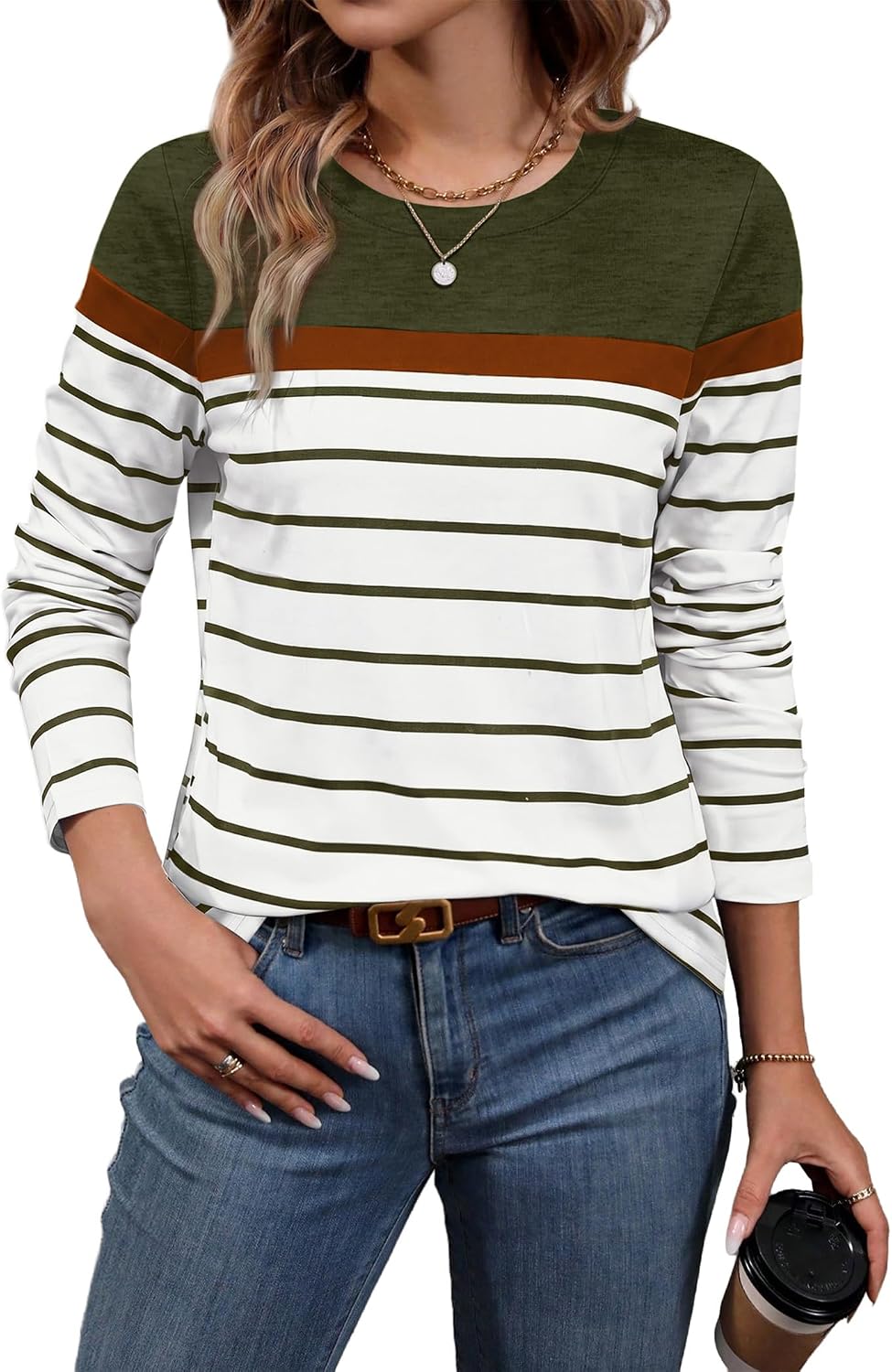 Women Long Sleeve Stripe Tops Fall Fashion Outfits