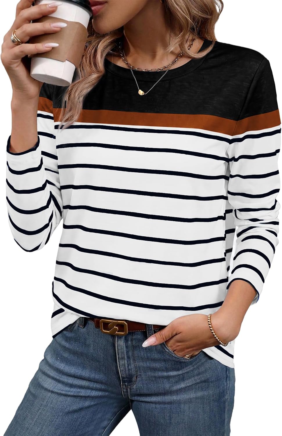 Women Long Sleeve Stripe Tops Fall Fashion Outfits