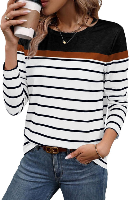 Women Long Sleeve Stripe Tops Fall Fashion Outfits