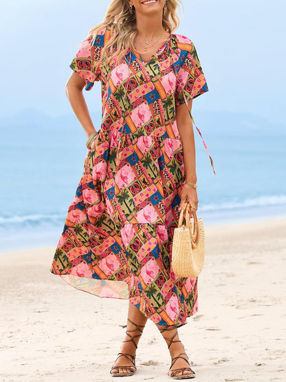 Summer Maxi Dresses Short Sleeve Boho Beach Shirt Dresses Loose Vacation Outfits Sundresses