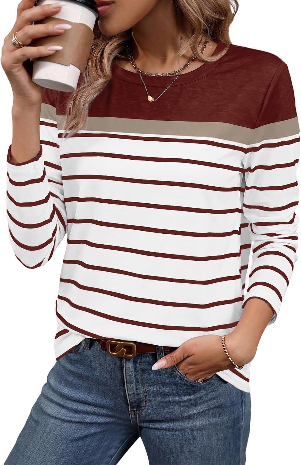 Women Long Sleeve Stripe Tops Fall Fashion Outfits
