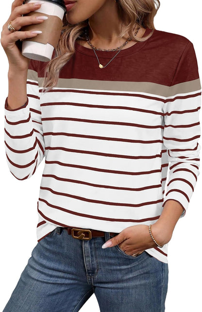 Women Long Sleeve Stripe Tops Fall Fashion Outfits