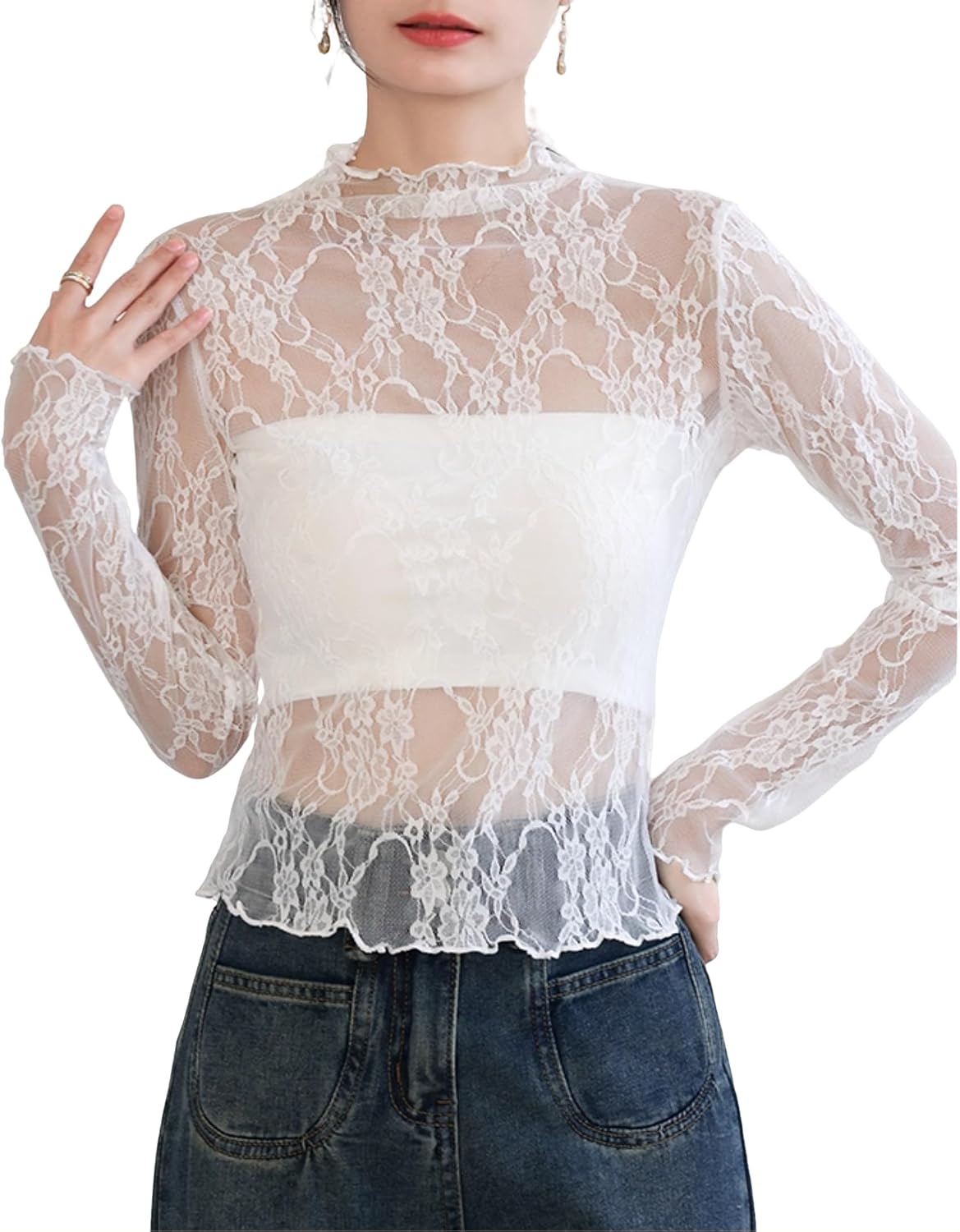 Women's See Through Mesh Top. Mock Neck Long Sleeve Shirt Floral Lace Blouse for Going Out