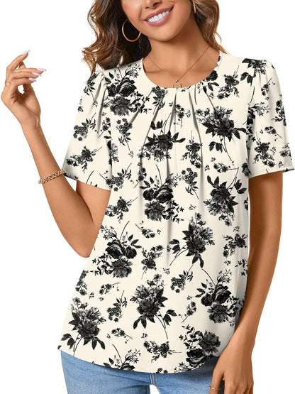 Womens Summer Basic Chiffon Blouse Pleated Crewneck Shirts Casual Trendy Tops