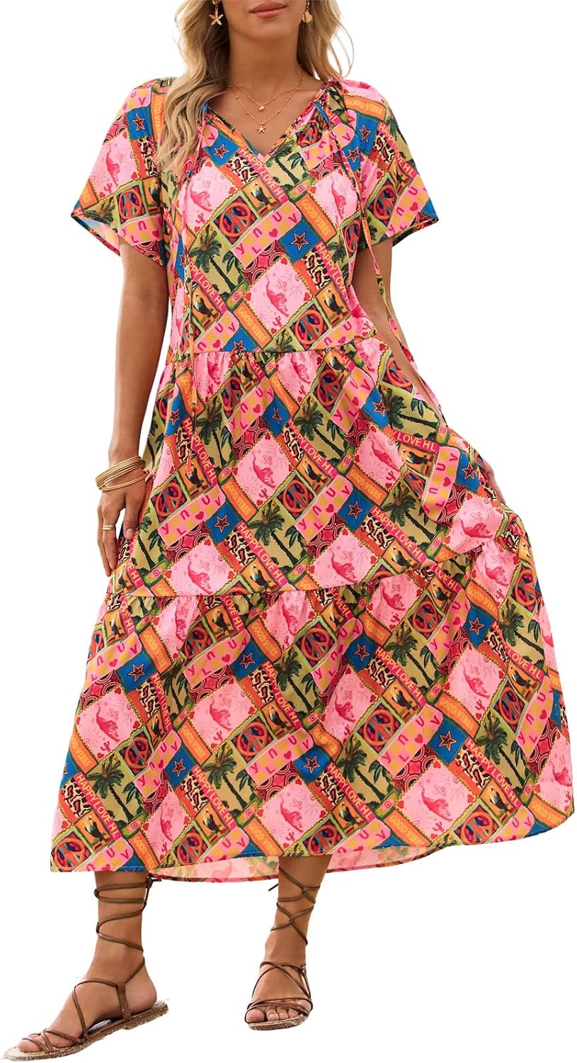 Summer Maxi Dresses Short Sleeve Boho Beach Shirt Dresses Loose Vacation Outfits Sundresses