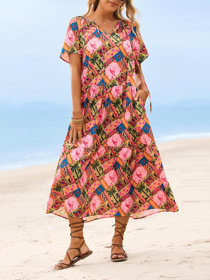 Summer Maxi Dresses Short Sleeve Boho Beach Shirt Dresses Loose Vacation Outfits Sundresses