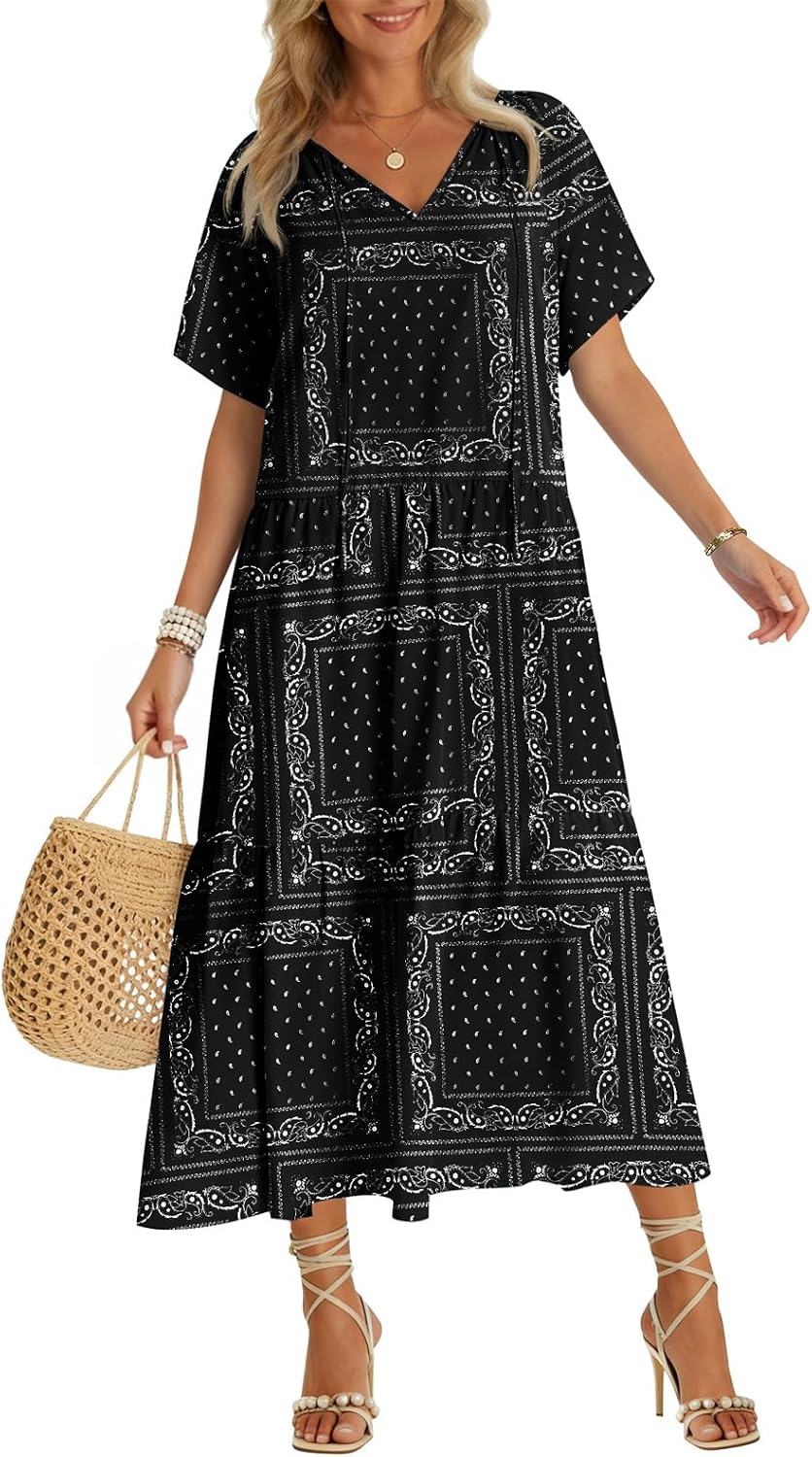 Summer Maxi Dresses Short Sleeve Boho Beach Shirt Dresses Loose Vacation Outfits Sundresses