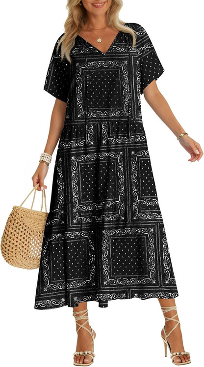 Summer Maxi Dresses Short Sleeve Boho Beach Shirt Dresses Loose Vacation Outfits Sundresses