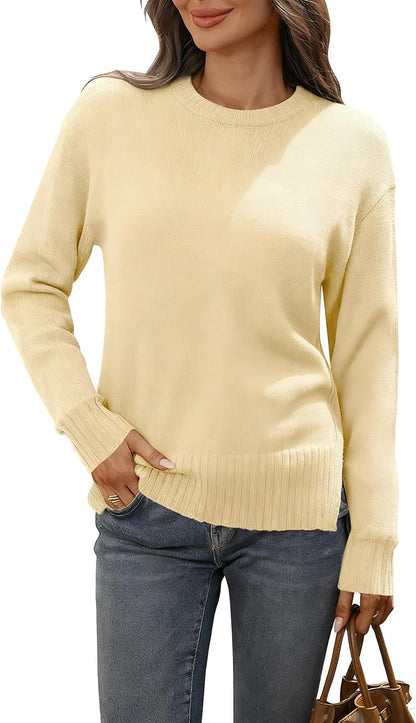 Women's Merino Wool Blend Sweater Crew Neck Side Slit Pullover