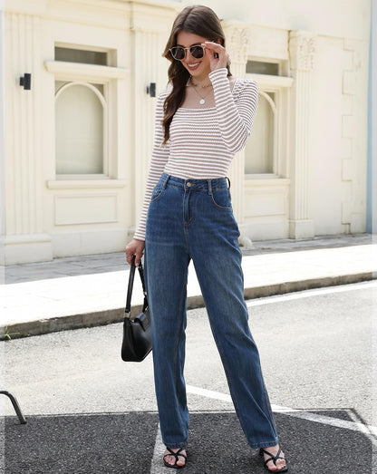 Womens Striped Long Sleeve Shirts Slim Fit Blouses Square Neck Tops