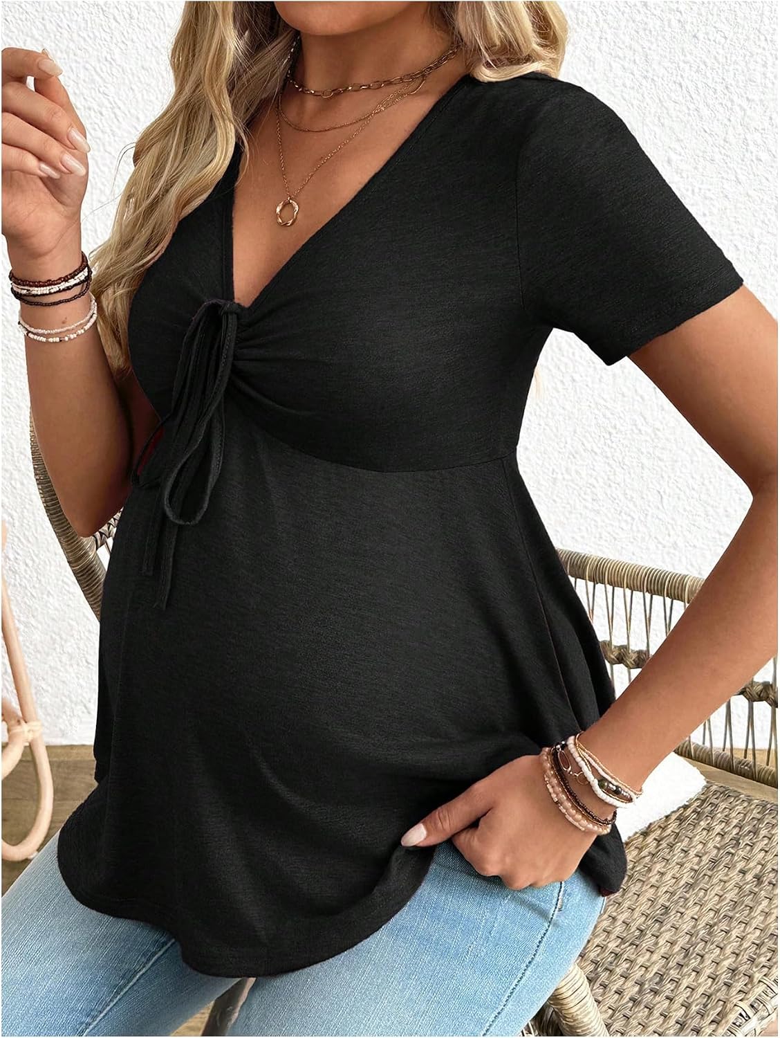 Women's Maternity Clothes Short Sleeve Ruched Front Tie Ruffle Maternity Shirt