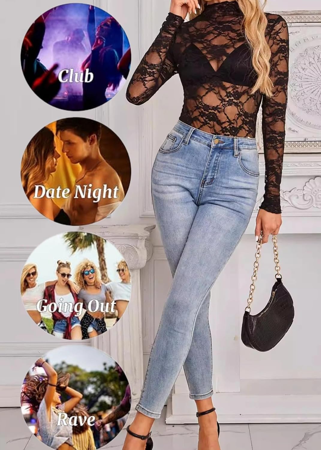 Women's See Through Mesh Top. Mock Neck Long Sleeve Shirt Floral Lace Blouse for Going Out